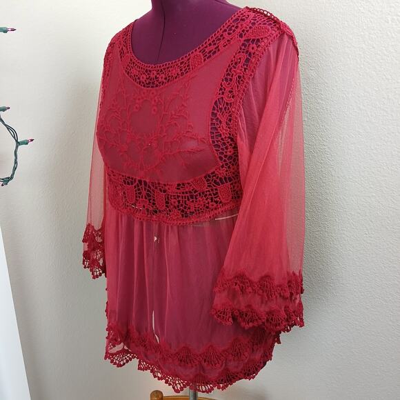 Sorrento Red Sheer Lace Top L blouse tunic swim cover boho lightweight summer - Picture 3 of 15
